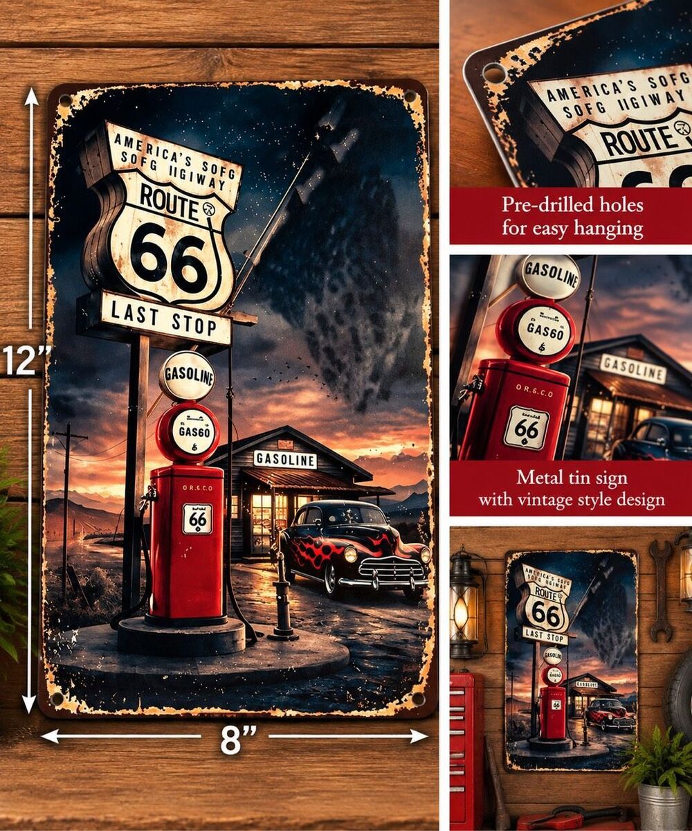 Route 66 Gas Station Classic Car Metal Tin Sign 8x12 New